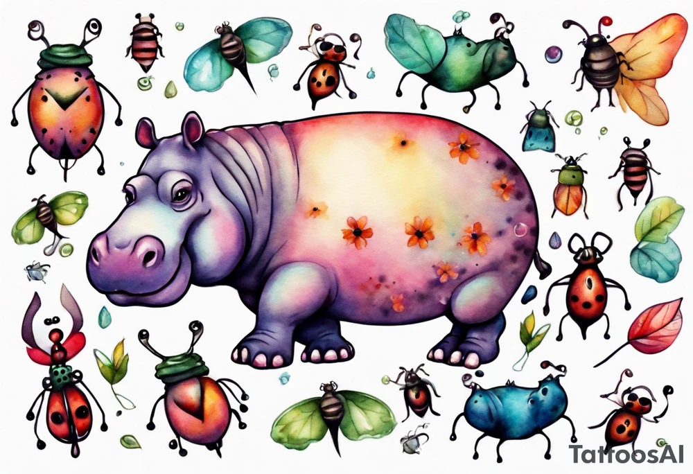 Whimsical tattoo of a hippo and a bug. Colorful and cute tattoo idea