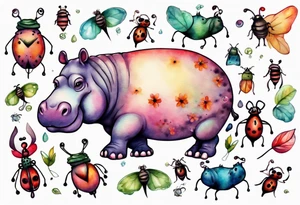 Whimsical tattoo of a hippo and a bug. Colorful and cute tattoo idea