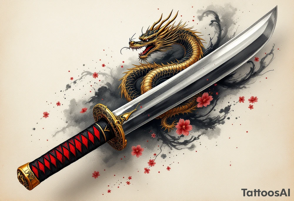 An ancient katana with a dragon-wrapped hilt – A finely detailed Japanese katana with a slightly curved, polished steel blade reflecting soft light. The hilt is tightly wrapped in black and crimson silk, with a golden oriental dragon coiled around it, its scales shimmering in deep gold and red. Cherry blossom petals drift around the blade, and a faint ink brush wave pattern flows in the background, in shades of black, gray, and muted red. tattoo idea