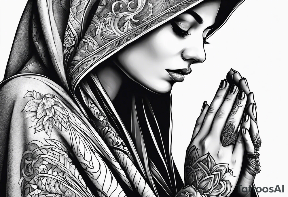 Woman in cloak praying hands side view tattoo idea