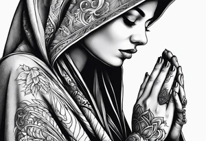 Woman in cloak praying hands side view tattoo idea