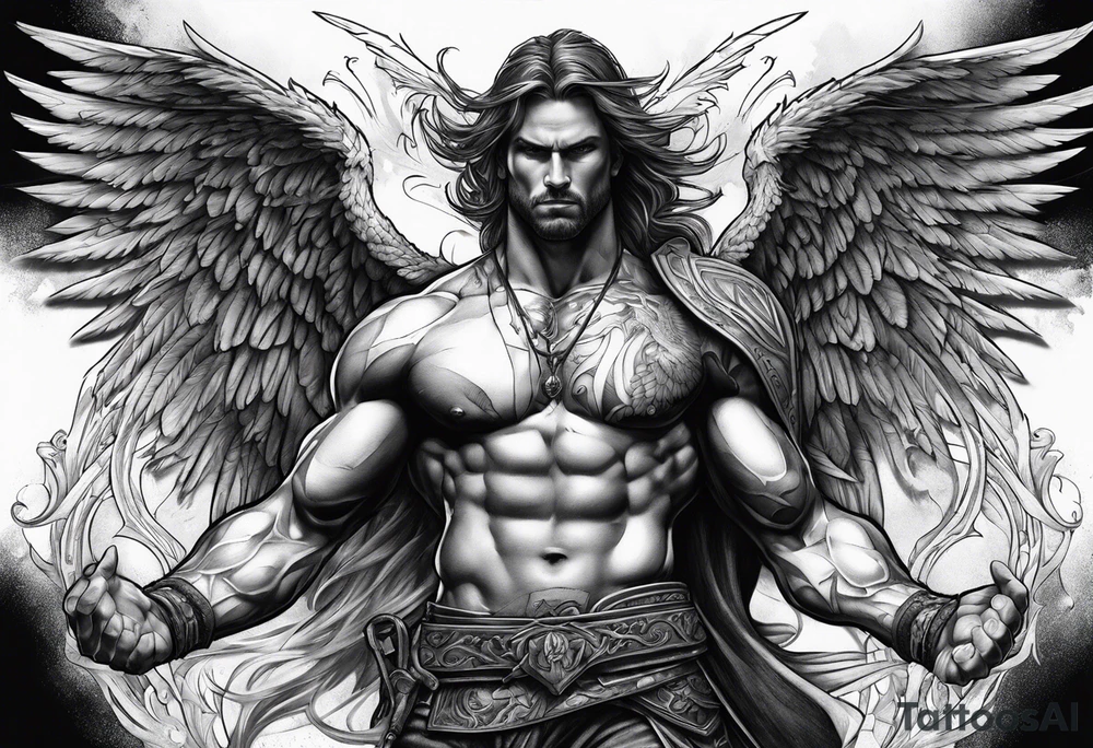 Micheal arc angel huntched over killing demons super muscular tattoo idea