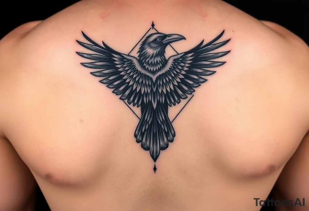 Diamond Geometric design with crow with long wings with dark shading  for forearm tattoo idea