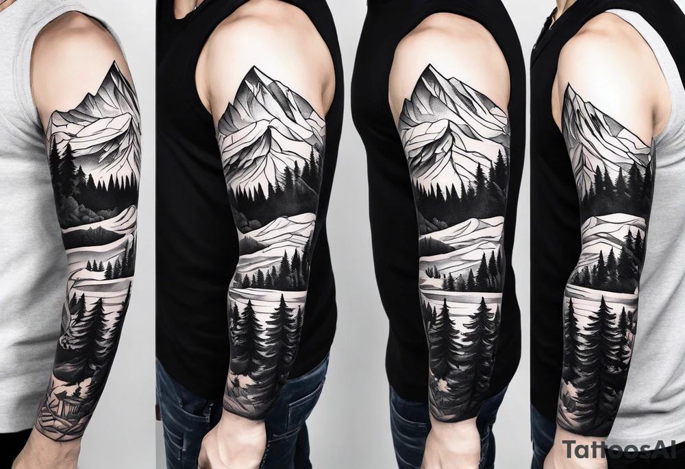 arm sleeve with trees, mountains and snow skier tattoo idea