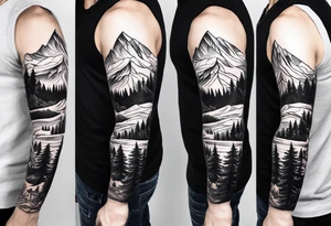 arm sleeve with trees, mountains and snow skier tattoo idea