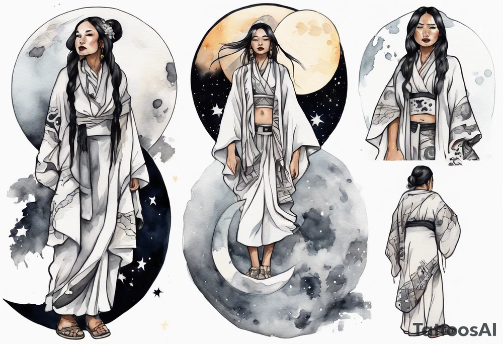 an indigenous woman wearing black and white robes standing on the moon tattoo idea