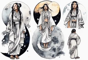 an indigenous woman wearing black and white robes standing on the moon tattoo idea