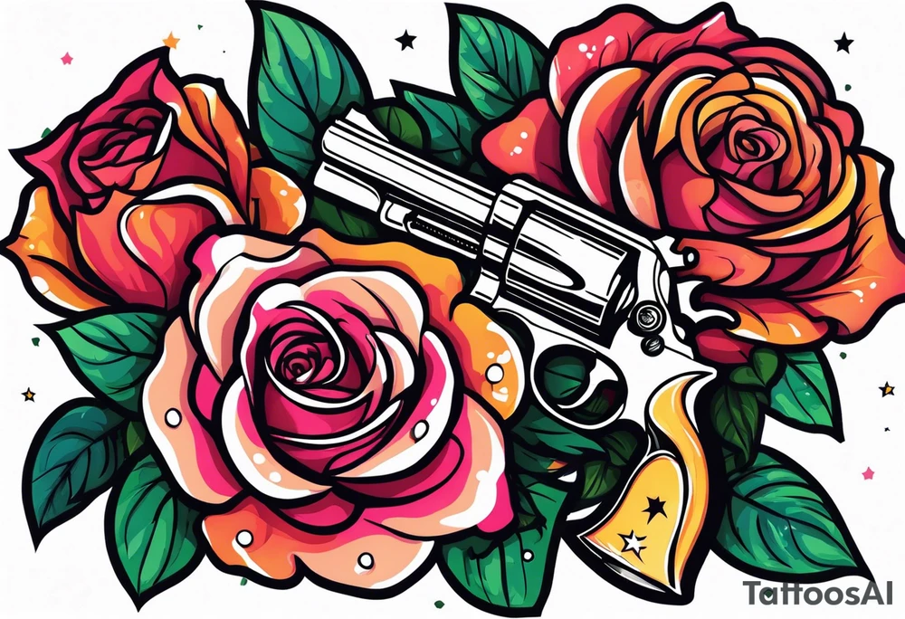 Revolver, roses, plants, pentagram tattoo idea