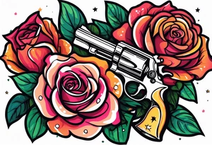 Revolver, roses, plants, pentagram tattoo idea