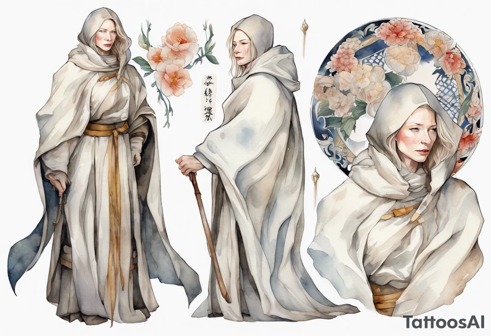 medieval Cate Blanchett dressed in white cloak, sad tattoo idea