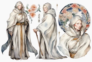 medieval Cate Blanchett dressed in white cloak, sad tattoo idea