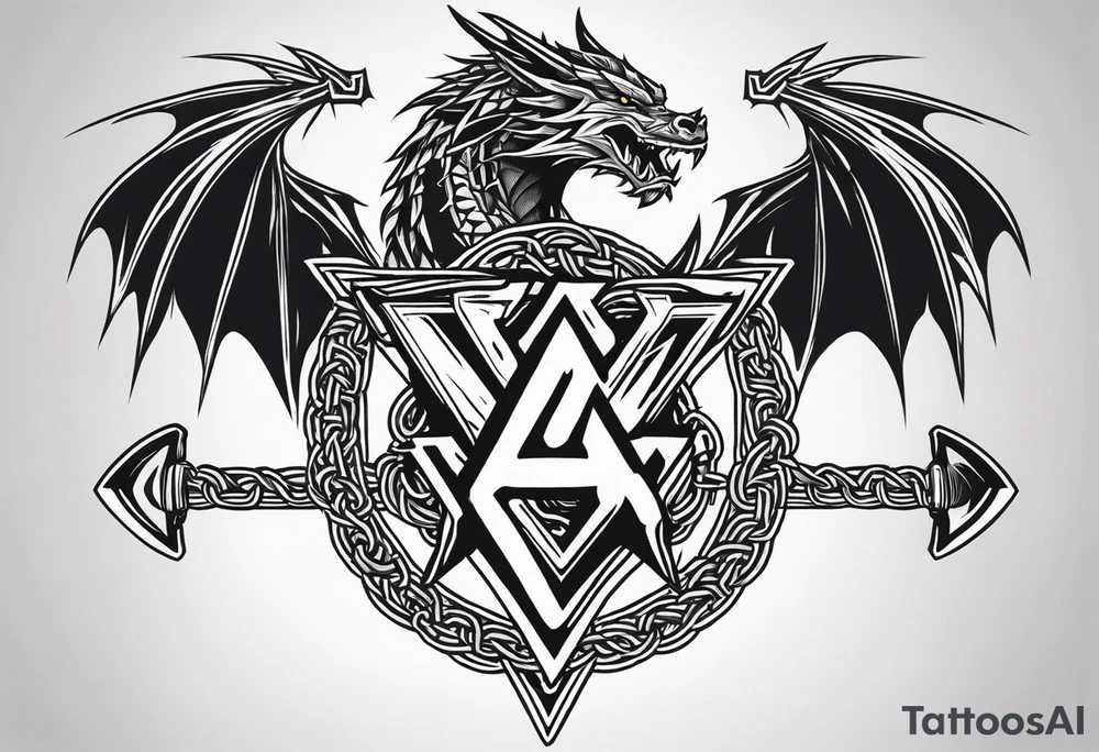 Valhalla sword shield dragon axe Valknut barbed wire chains fire tattoo idea