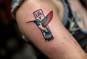 A hummingbird flying through a cartouche (Egyptian nameplate) that spells out a meaningful word like “Life” or “Strength.”(only red , blue and black are possible colors) tattoo idea