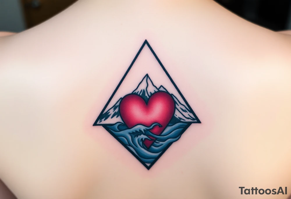 A triangle with a big heart in the center with an ocean mountain theme tattoo idea