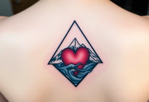 A triangle with a big heart in the center with an ocean mountain theme tattoo idea