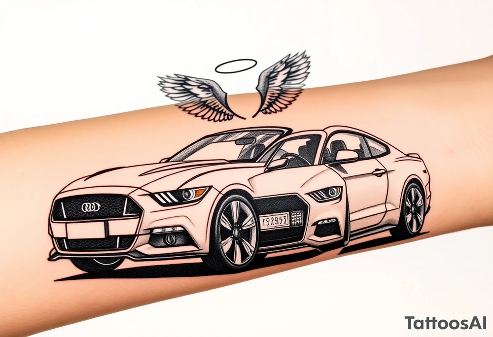 2014 Mustang  driving down highway with 2015 Audi S5 with Angel wings and halo above 2015 Audi S5 tattoo idea