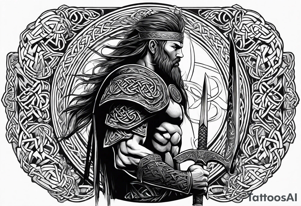 Full body side profile of a Celtic warrior with weapons, facing from left to right tattoo idea