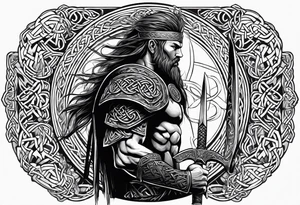 Full body side profile of a Celtic warrior with weapons, facing from left to right tattoo idea