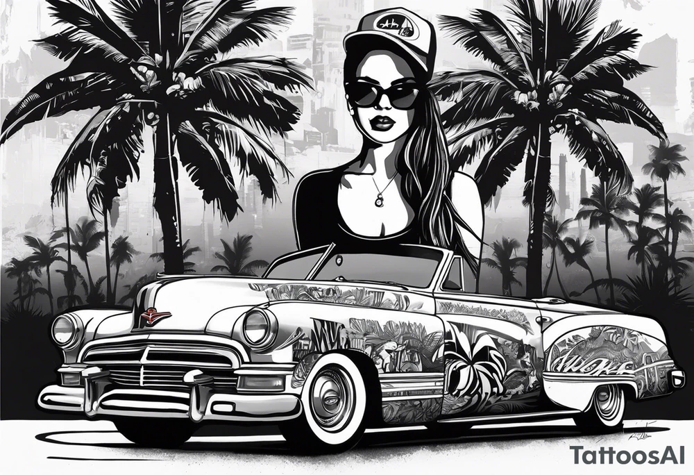 i want the tattoo design to be black and white collage with a mix of urban, graffiti, and street art styles. She must wear a cap with graffiti-style lettering on it.Palm trees are integrated into the background, suggesting a tropical or Californian vibe. Below the woman's portrait, there must be a depiction of a classic lowrider car, adding to the urban feel. The words "Live Now" are written in a dynamic, flowing script across the design, further emphasizing the theme of living in the moment. The overall style is a mix of realism and abstract elements, with splashes, drips, and various textures creating a layered, graffiti-inspired aesthetic tattoo idea