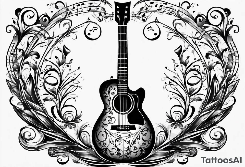 guitar with musical notes wrapped around it tattoo idea
