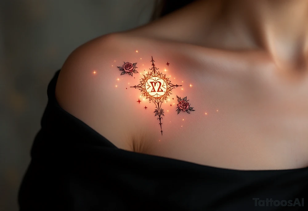 A mystical rune glowing softly with golden light, surrounded by a faint magical aura. The symbol itself is engraved with sharp, symmetrical lines, and small roses wrap around the edges. The tattoo evokes timeless love, with deep red accents and delicate glowing stars scattered around it. tattoo idea