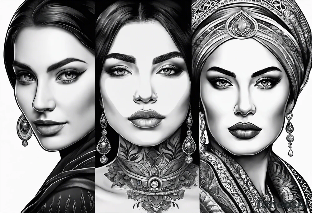 Three women's faces next to each other. The woman on the left a young woman18yo, the middle  is a mother40 yo the right is a grandmother 70yo tattoo idea