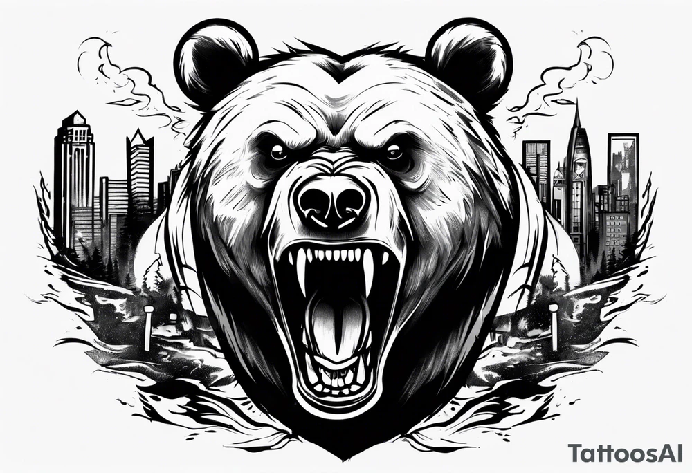 Angry bear coming up behind a city tattoo idea