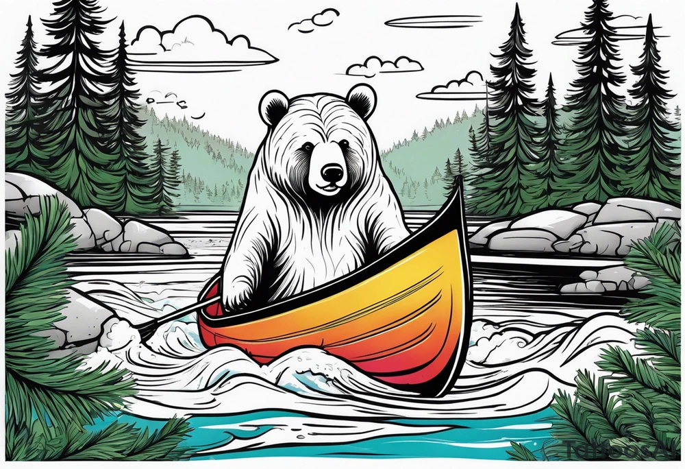 Un ours qui tient des rames dans un canoë sur un ruisseau avec des sapins tattoo idea