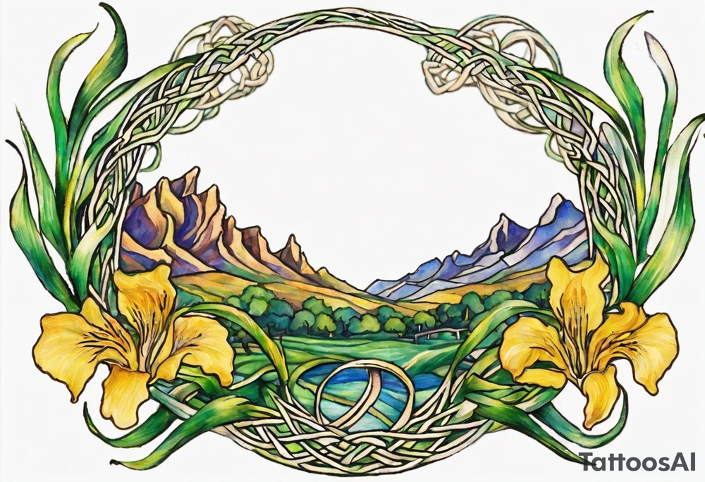 Create a small, colorful Vincent van Gogh Irises tattoo in the form of a crescent, with vines in Celtic knot style gracefully intertwining at a central point in the middle of the wreath. The intended placement is on the upper chest. The middle needs mountains. The overall design should be small in size while maintaining a delicate and artistic aesthetic. Pay attention to the graceful flow of the vines and the placement of the irises to achieve a refined and elegant look. tattoo idea