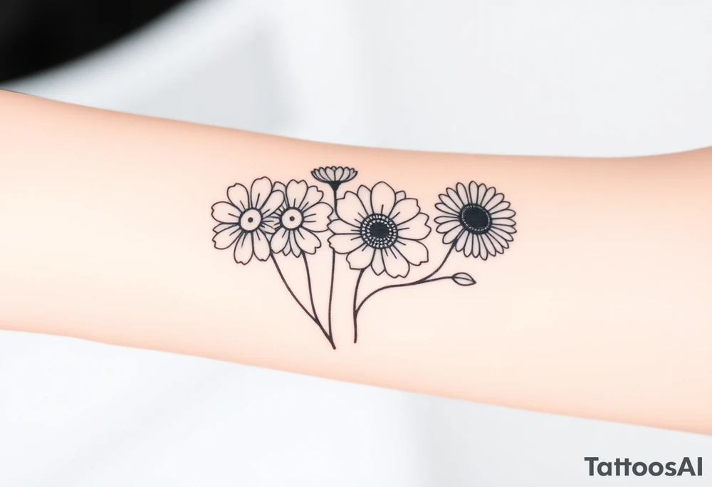 Small flower bouquet 1 daisy, 2 cosmo, 1 poppy, 1 chrysanthemum, tattoo idea