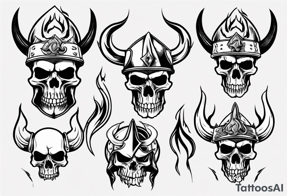 Skull head with viking hat and flames tattoo idea