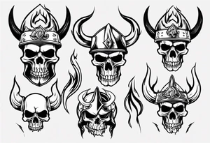 Skull head with viking hat and flames tattoo idea
