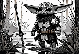 Baby Grogu wearing black mandalorian armor,  holding a black lightsaber in a swamp tattoo idea