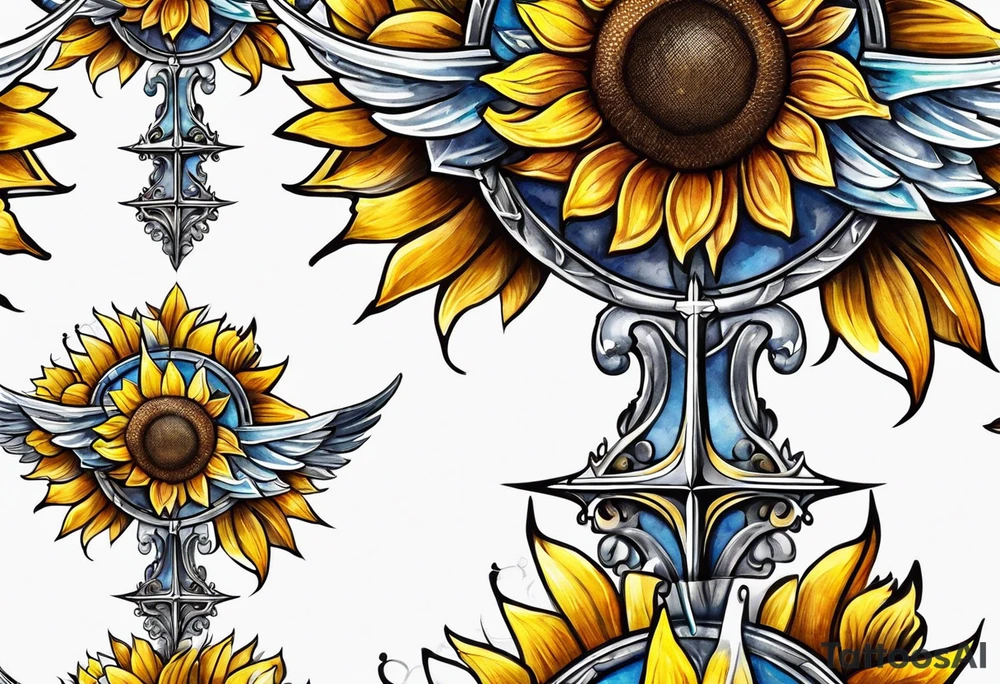 Winged cross with sunflower tattoo idea