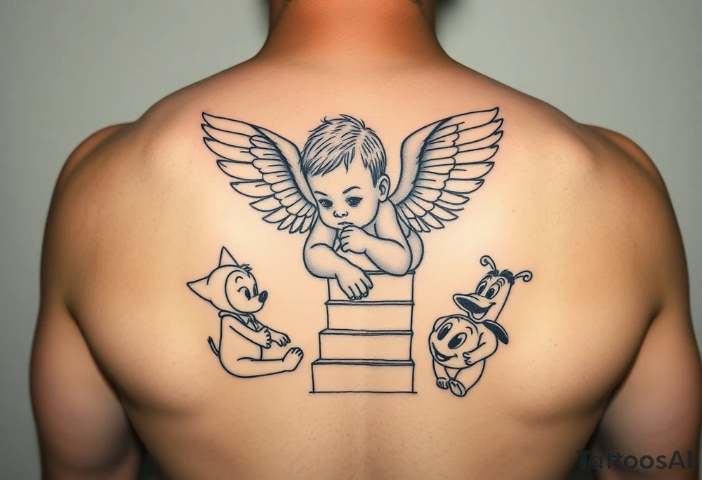 Babyboy with angel wings crawling up heavens stairs surrounded by Disney characters as babies tattoo idea