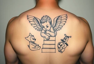 Babyboy with angel wings crawling up heavens stairs surrounded by Disney characters as babies tattoo idea