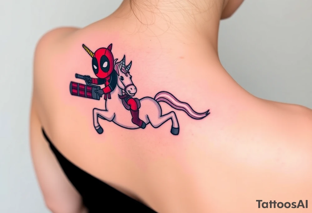 Deadpool riding unicorn pointing rocket propelled grenade launcher tattoo idea