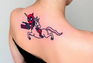 Deadpool riding unicorn pointing rocket propelled grenade launcher tattoo idea