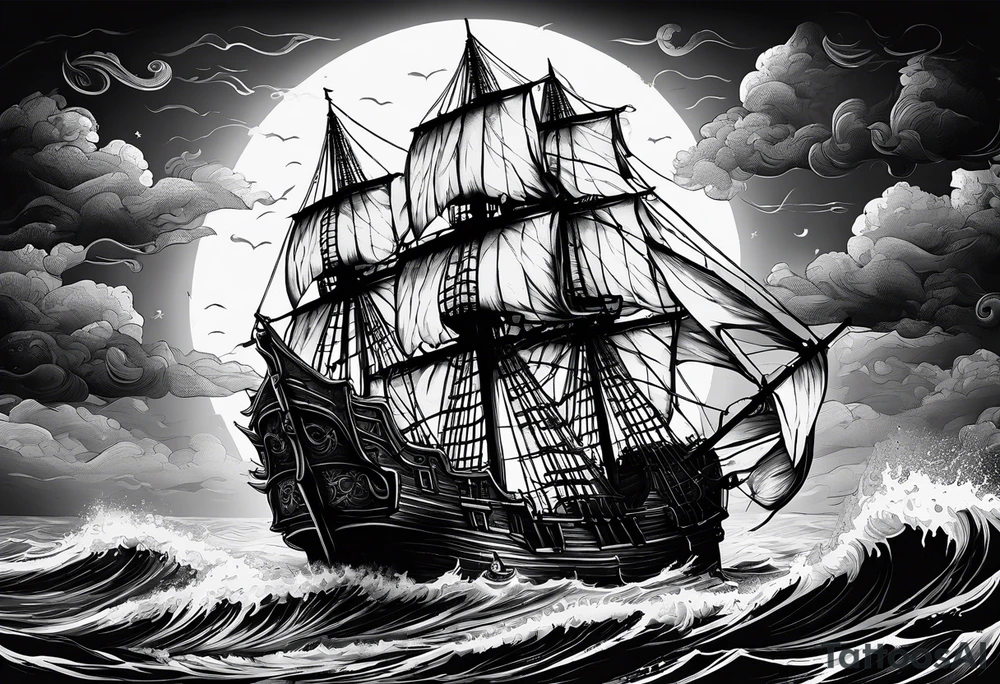 An old pirate ship sailing through rough waters during the night with a full moon tattoo idea