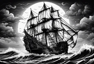 An old pirate ship sailing through rough waters during the night with a full moon tattoo idea
