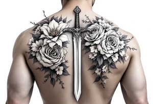 Power knight with sword with roses and cherry blossoms tattoo idea