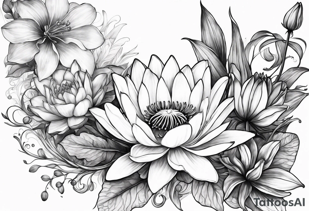 Larkspur and water lily with stems tied with ribbon tattoo idea