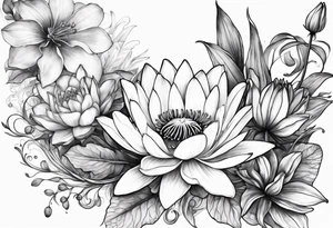 Larkspur and water lily with stems tied with ribbon tattoo idea