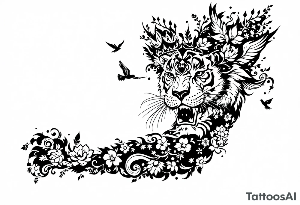 powerful majestic tiger with a crown, surrounded by floral ornaments and birds tattoo idea