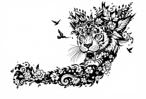powerful majestic tiger with a crown, surrounded by floral ornaments and birds tattoo idea