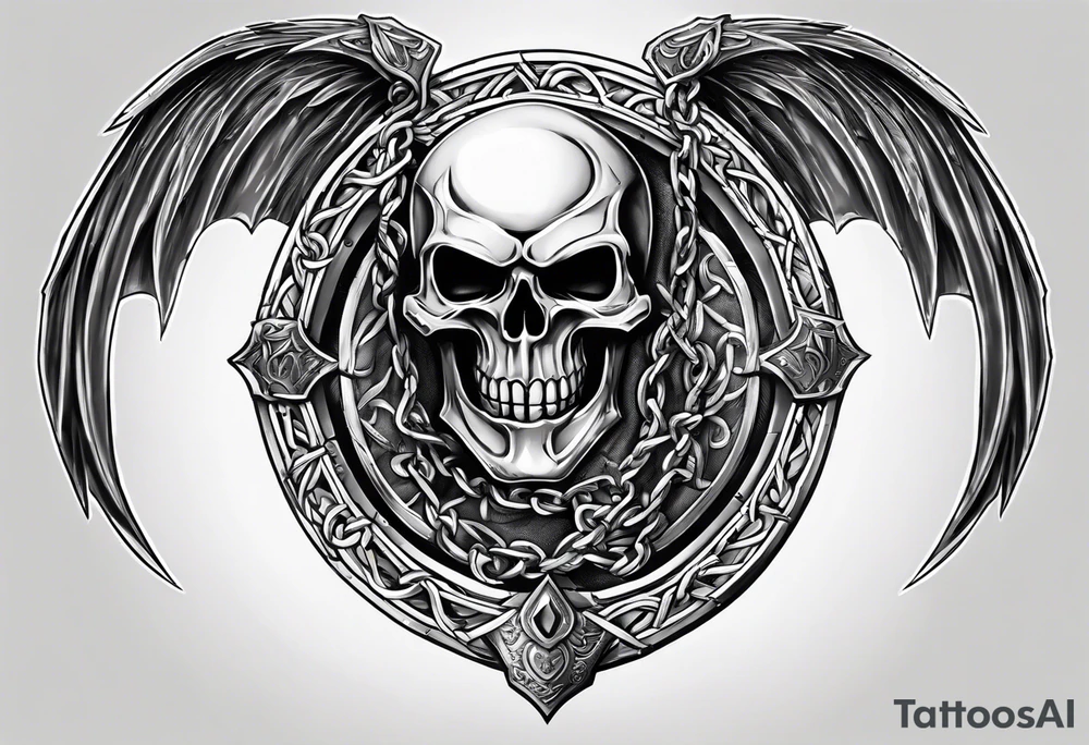 Valhalla sword shield axe barbed wire chains dark cloud tattoo idea