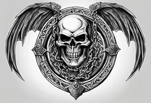 Valhalla sword shield axe barbed wire chains dark cloud tattoo idea