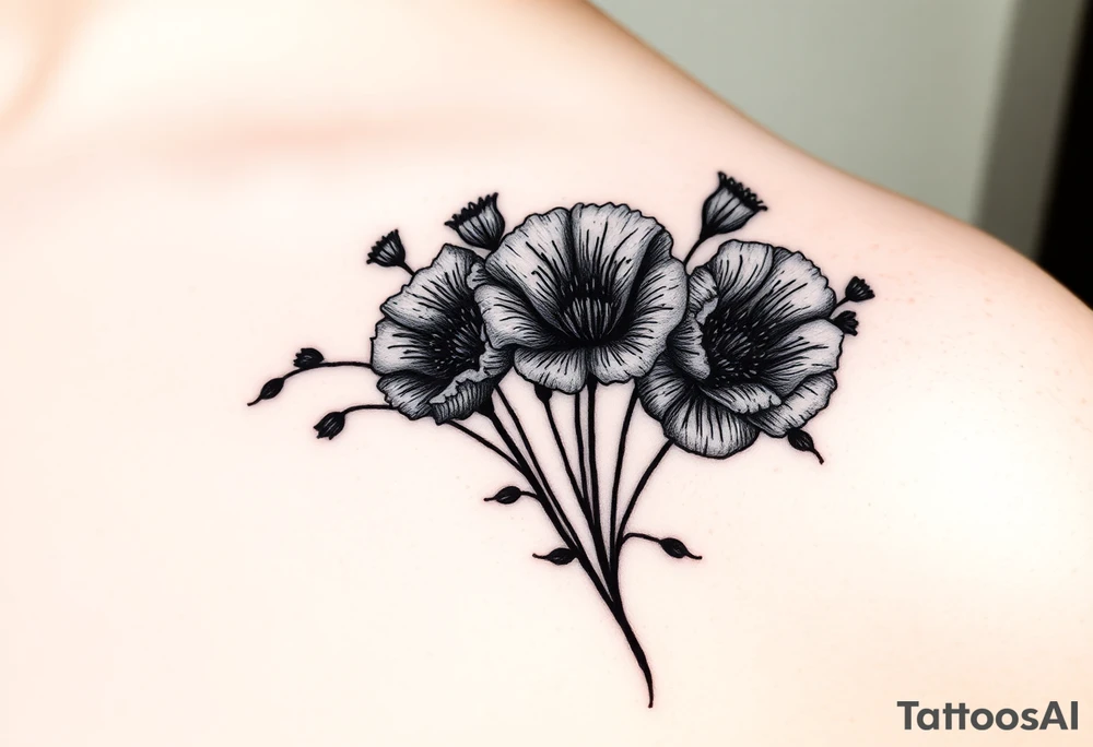 A cluster of wildflowers or poppies, with solid black shadows at the base and lighter stippling toward the petals. Some flowers can be in full bloom while others start to wilt or fall apart, symbolizing the passage of time. tattoo idea