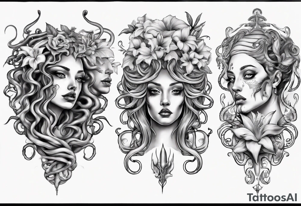 Medusa with no pupils and lilys tattoo idea