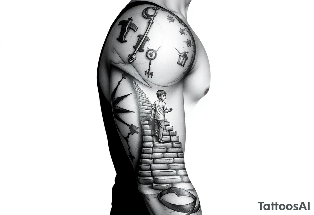 tattoo of a stairway to heaven with a little boy about to take the first step tattoo idea